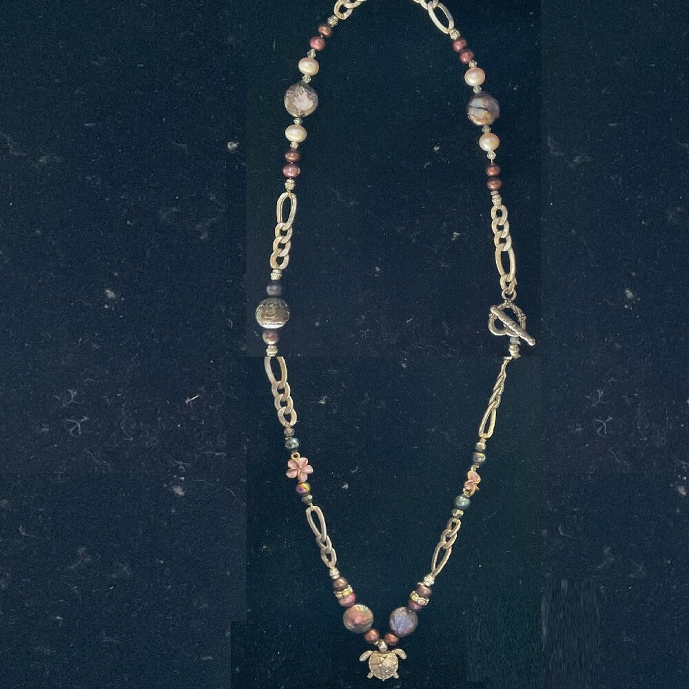 24” genuine black Tahitain pearl necklace with sterling silver 3-D turtle charm